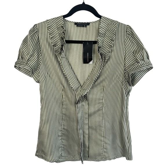 BCBGMaxAzria Tops - BCBGMAXAZRIA 100% Silk Striped Blouse Patina Green‎ Ruffle V-Neck Small NWT Flaw